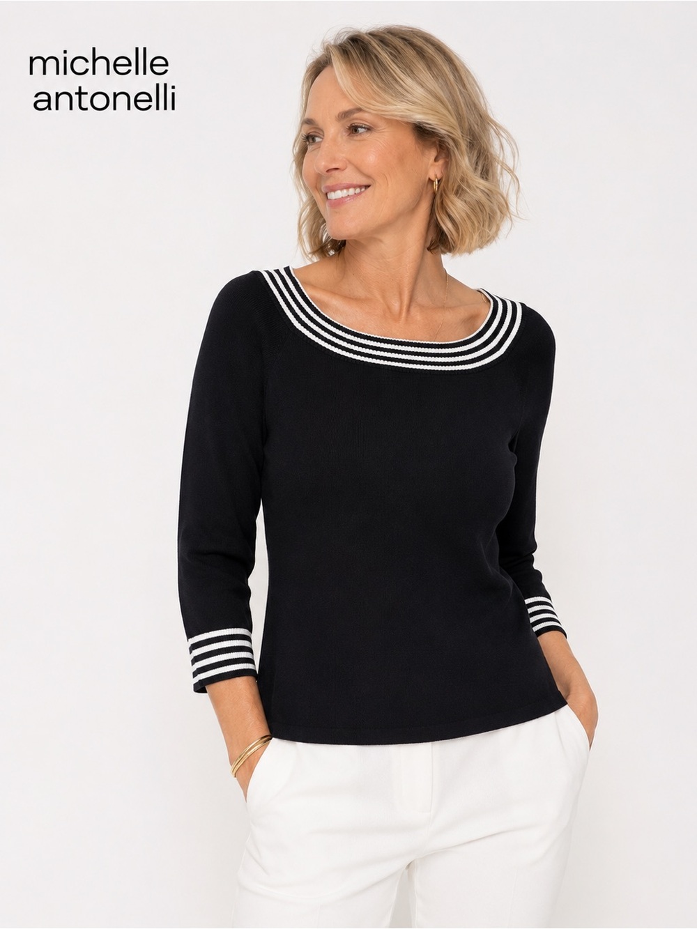 Michelle Antonelli Bateau Neck Stripe Knit Top